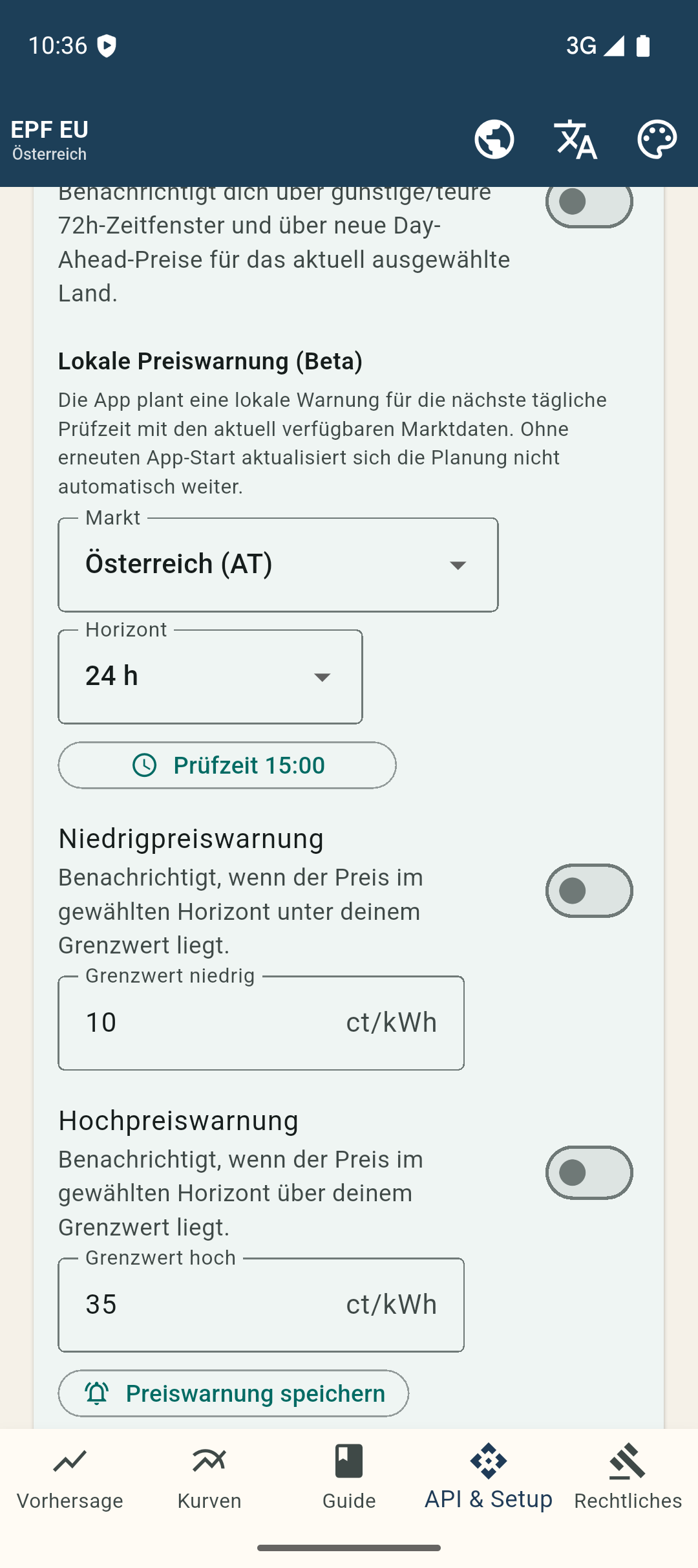Preisgrenzen und Prüfzeit direkt in der App festlegen.