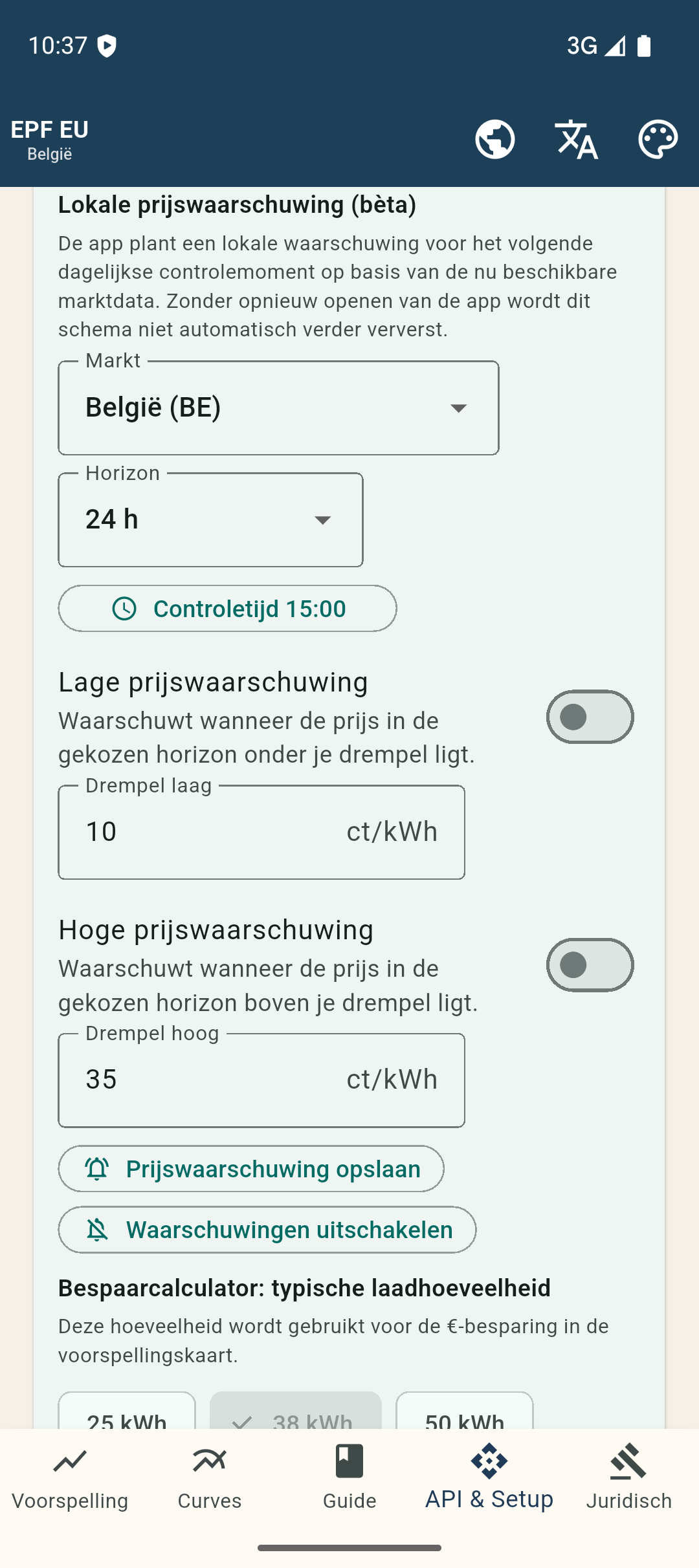 Prijsgrenzen en controletijd rechtstreeks in de app instellen.