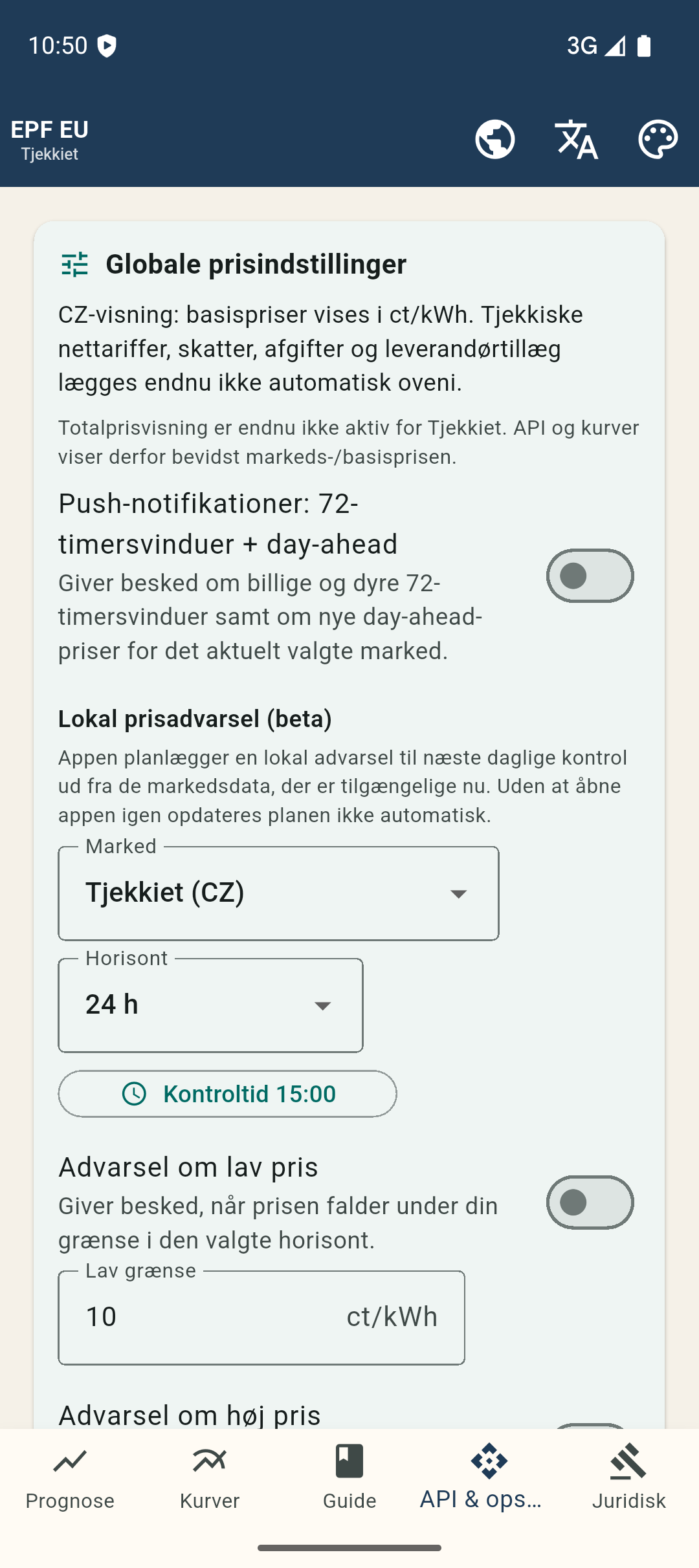 Indstil prisgrænser og kontroltidspunkt direkte i appen.