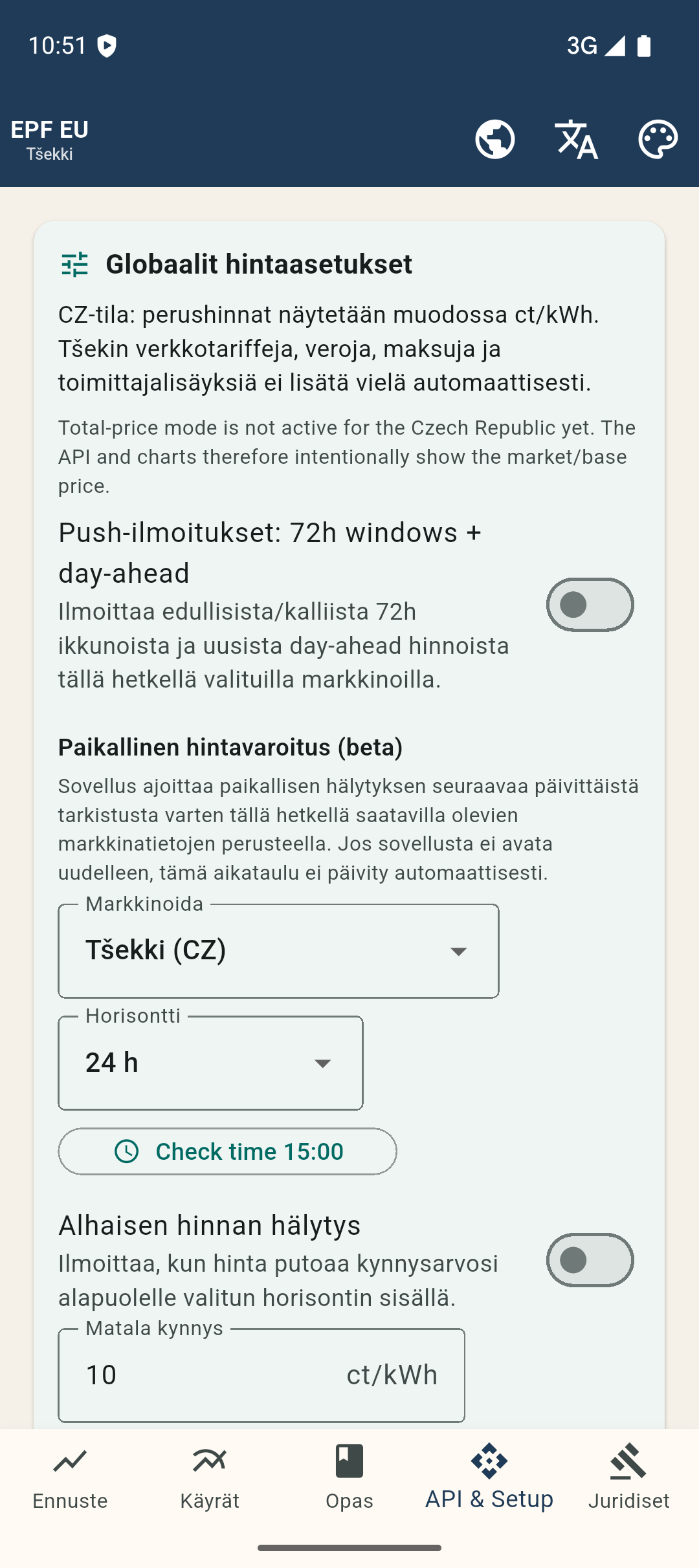 Aseta hintarajat ja tarkistusaika suoraan sovelluksessa.