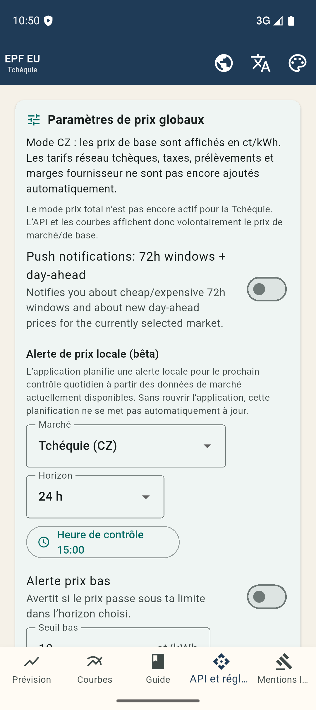 Définissez les seuils et l’heure de contrôle directement dans l’application.