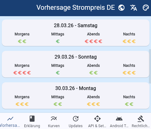 DE Web-App mit Lade- und Preisfenstern.