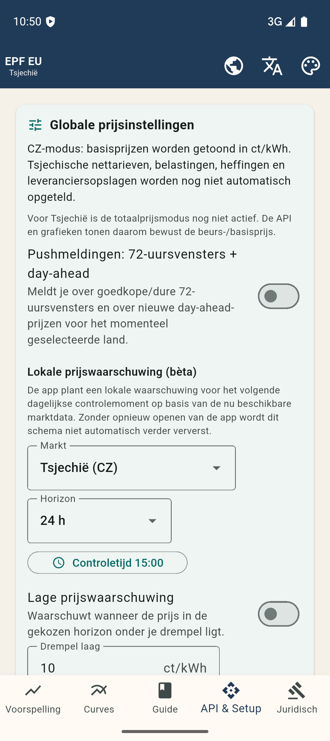 Prijsgrenzen en controletijd rechtstreeks in de app instellen.
