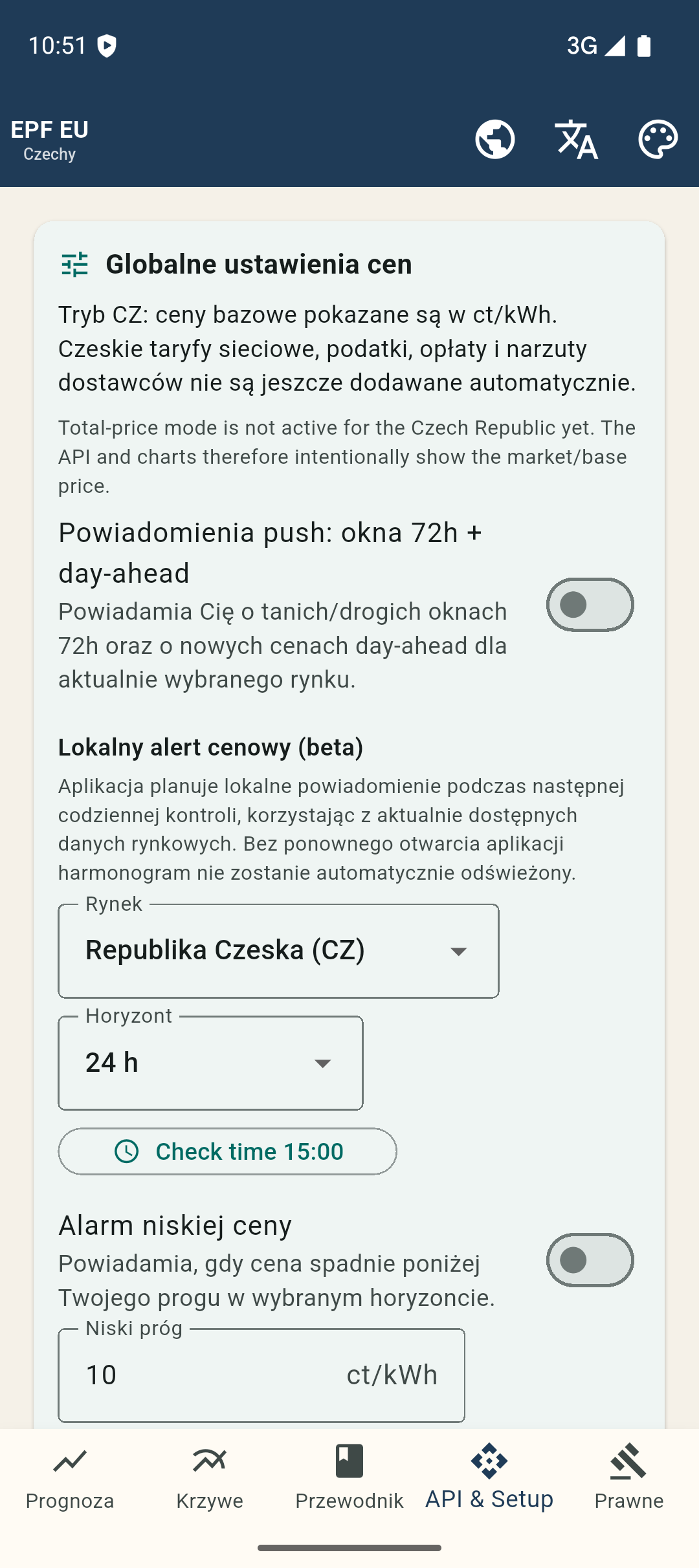 Ustaw progi cenowe i godzinę sprawdzania bezpośrednio w aplikacji.