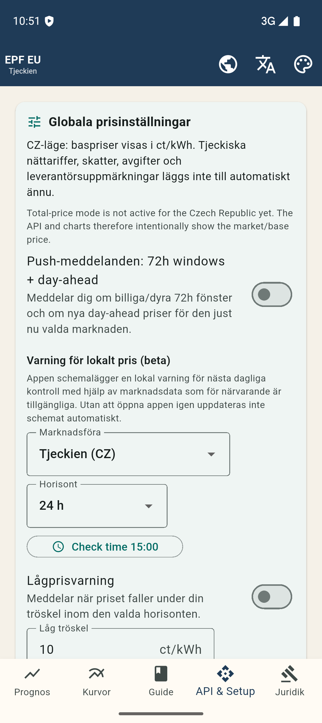 Ställ in prisgränser och kontrolltid direkt i appen.